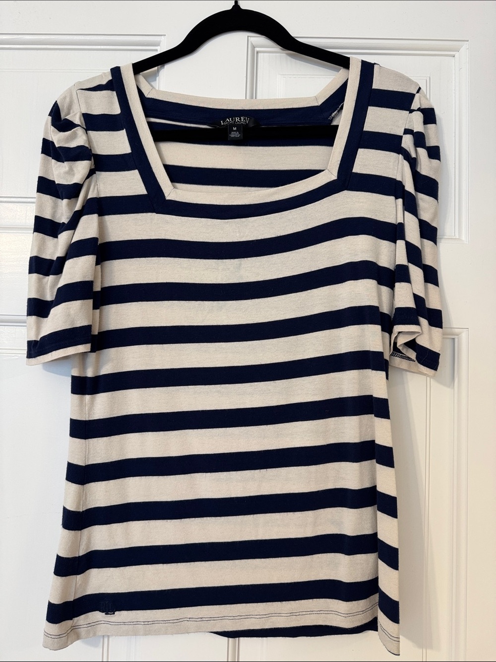 Ralph Lauren Navy and Cream Striped Square-Neck Tee